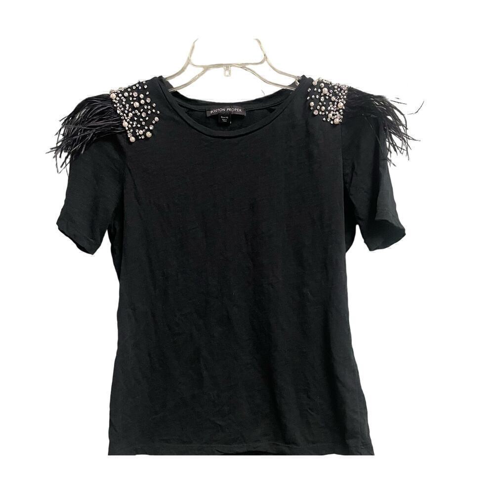 Boston Proper Feather Studded Tee Size XS Black Jeweled